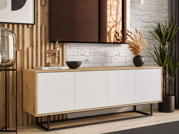 Meuble TV avec portes Vivance Blanc, Chêne Artisan