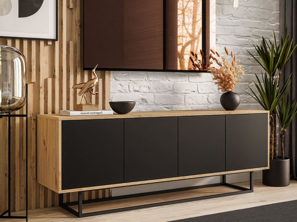 Meuble TV avec portes Vivance Noir, Chêne Artisan
