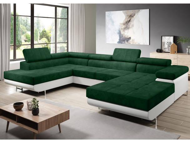 Canapé Gauche Panoramique Convertible avec Coffre Solam U Blanc, Vert