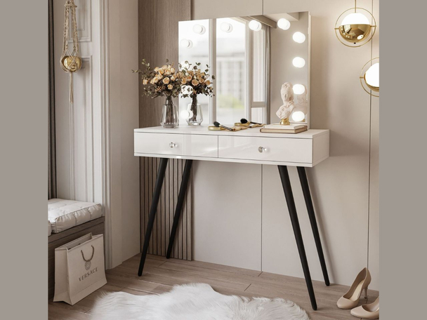 Coiffeuse glamour avec tiroirs, miroir et éclairage LED Olivine Elite Brillant blanc