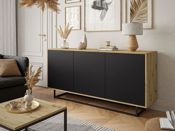 Commode glamour pour le salon Vivance Noir mat, Chêne Artisan