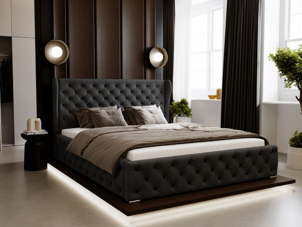 Lit Coffre rembourré avec sommier relevable 180x200 Kingston Noir
