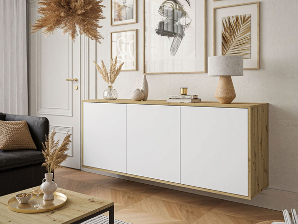 Commode suspendue à trois portes Vivance Blanc mat, Chêne Artisan