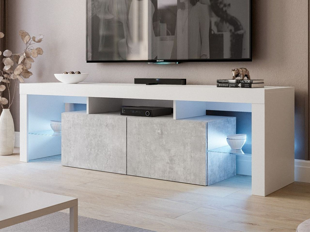 Meuble TV Rangement suspendu avec portes et surmeuble Nodoo Gris, Blanc
