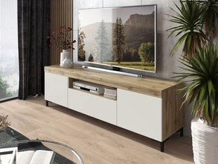 Meuble TV avec portes et tiroir Asumi Blanc, Chêne Wotan