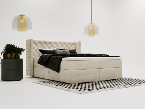 Lit Boxspring avec Coffre de Rangement 140x200 Lion Crème