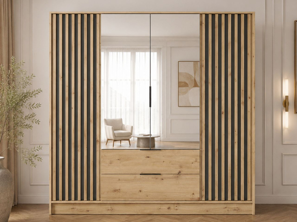 Armoire Portes Battantes Macron marron avec miroir et lamelles