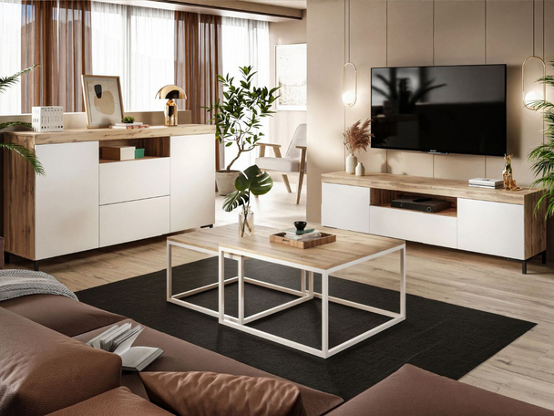 Ensemble de meubles pour le salon de style loft Asumi Blanc mat, Chêne Wotan