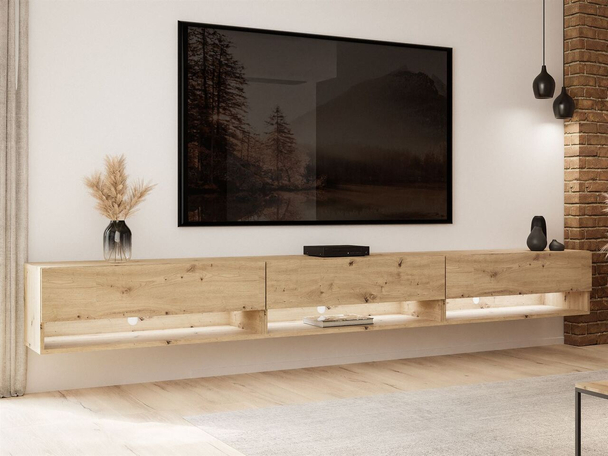 Meuble TV mural de 270 cm avec éclairage LED Aurelie Chêne Artisan