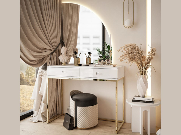 Coiffeuse latérale droite avec tiroirs et éclairage LED Clarette Blanc brillant