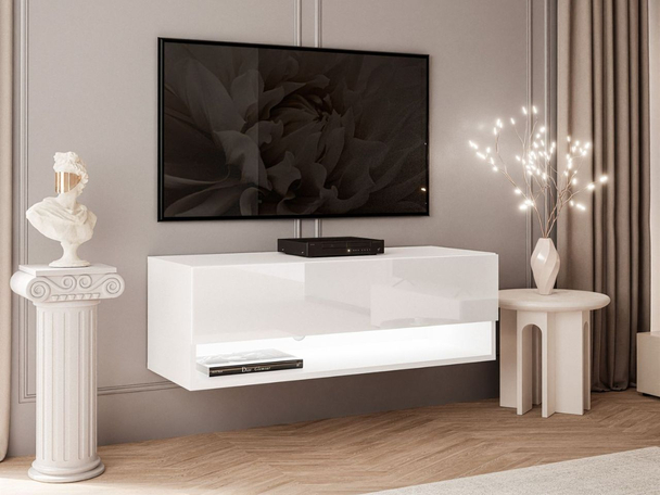 Meuble TV mural de 90 cm avec éclairage LED Aurelie Brillant blanc