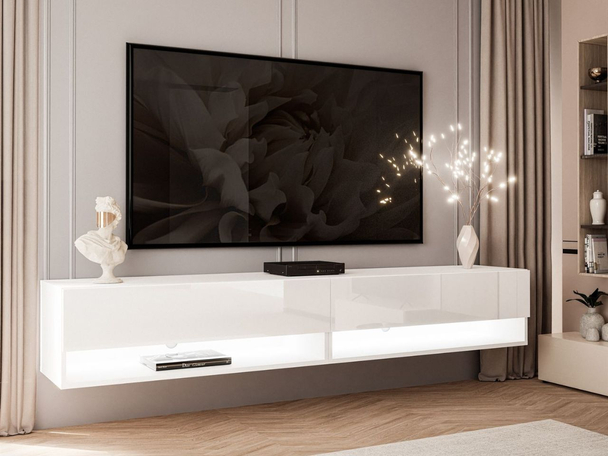 Meuble TV mural de 180 cm avec éclairage LED Aurelie Brillant blanc
