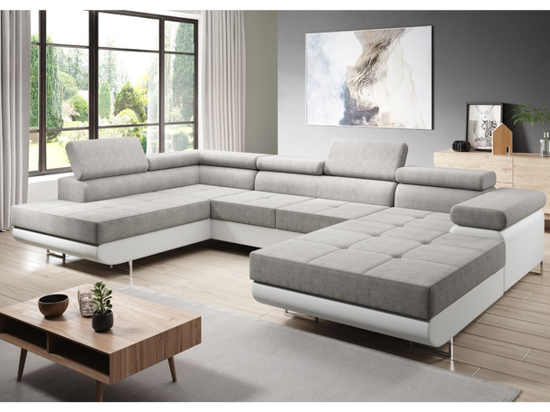 Canapé Gauche Panoramique Convertible avec Coffre Solam U Blanc, Gris clair