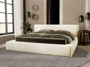 Lit capitonné avec coffre de rangement et sommier, 140 × 200 cm, modèle Mali, beige