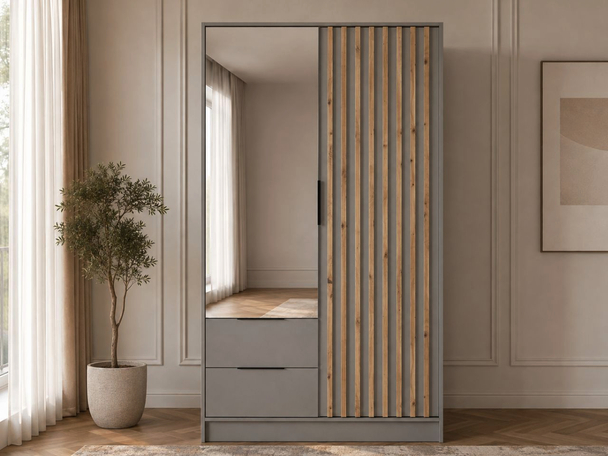 Armoire Portes Battantes Macron gris avec miroir et lamelles