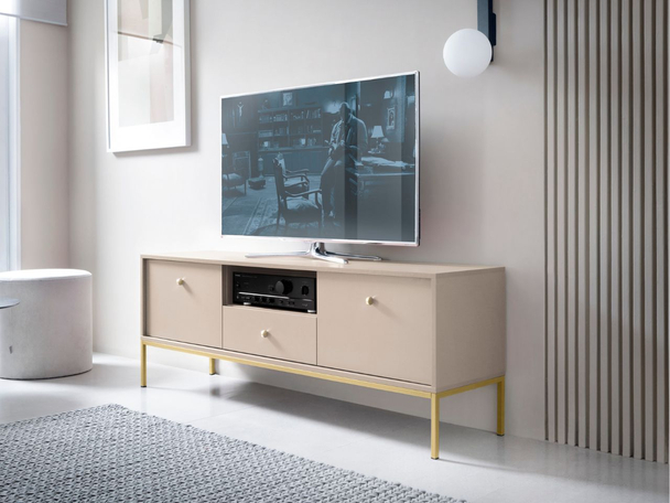 Meuble TV avec Portes et Tiroirs sur Pieds Dorés Amor Beige Sable