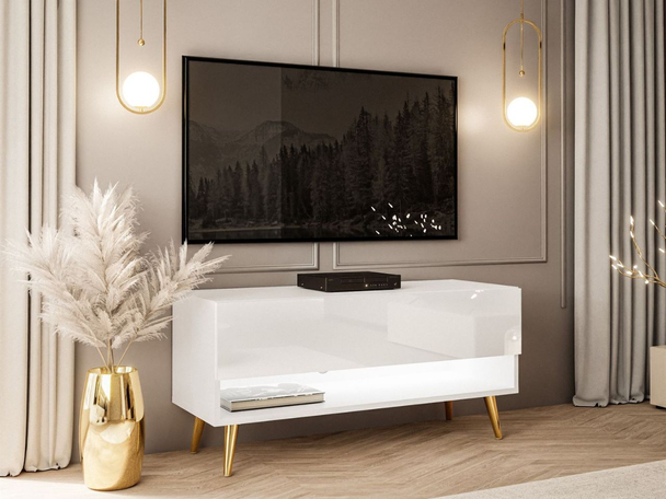 Meuble TV de 90 cm avec éclairage LED Aurelie Brillant blanc