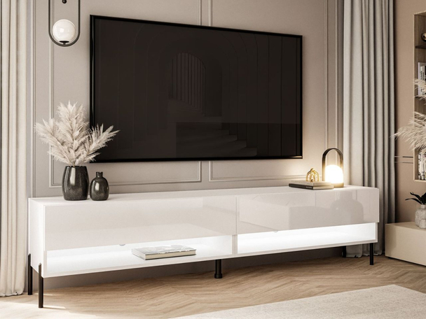 Meuble TV pour salon 180 cm avec pieds en métal Aurelie Brillant blanc