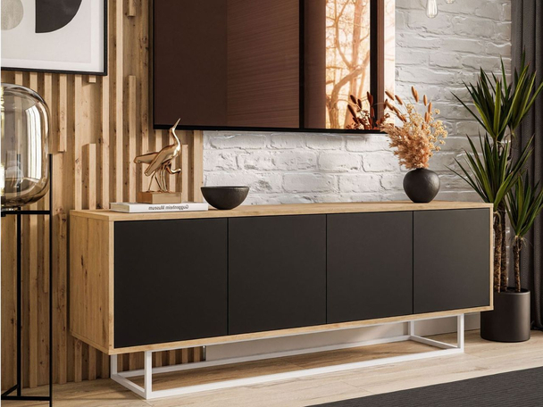 Meuble TV avec portes Vivance Noir, Chêne Artisan