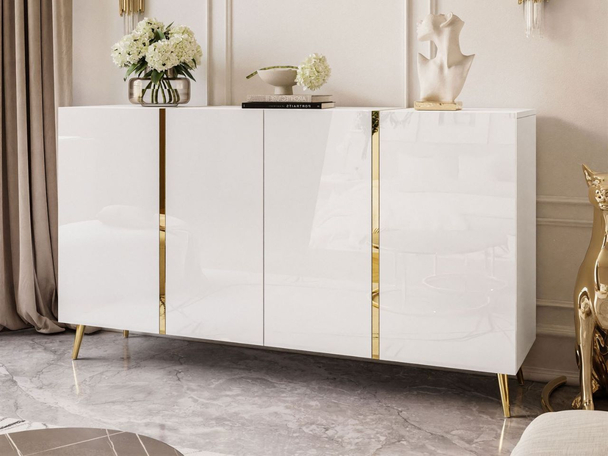 Commode de Rangement à hauts pieds dorés Lunelie Brillant blanc