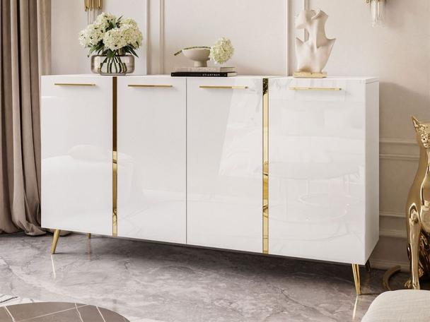 Commode de Rangement à hauts pieds dorés Lunelie Brillant blanc