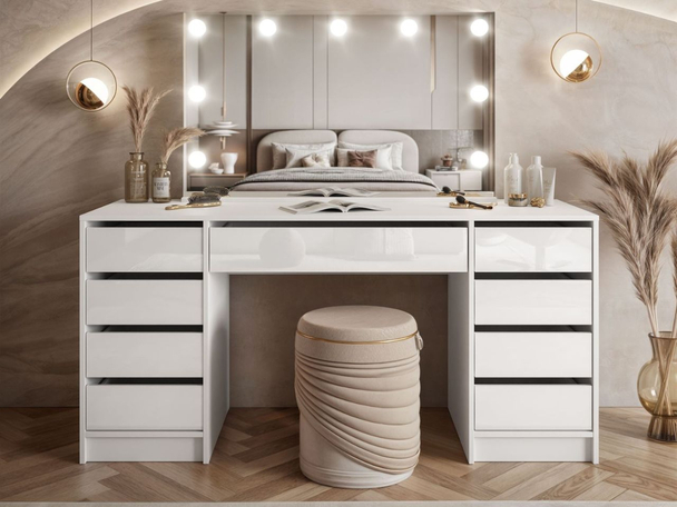Coiffeuse avec miroir, tiroirs et éclairage Melo Elite Brillant blanc