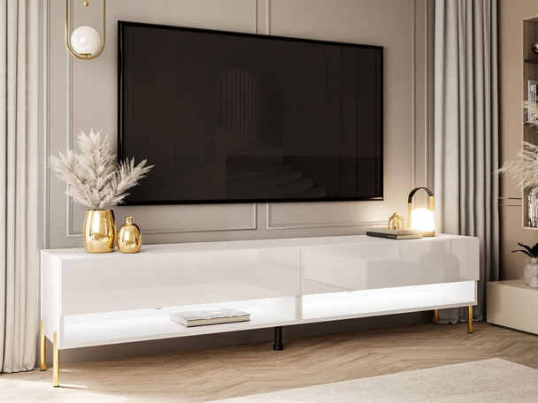Meuble TV pour salon 180 cm avec pieds en métal Aurelie Brillant blanc
