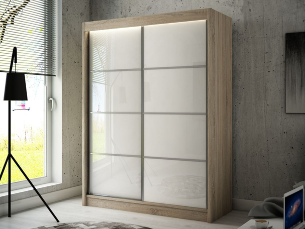 Armoire à portes coulissantes avec éclairage LED Ponti Chêne Sonoma, Blanc