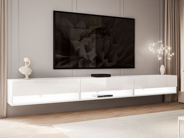 Meuble TV mural de 270 cm avec éclairage LED Aurelie Brillant blanc