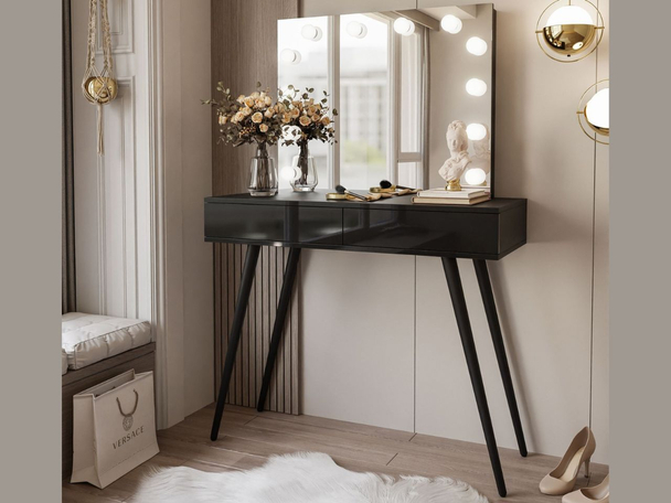 Coiffeuse glamour avec tiroirs, miroir et éclairage LED Olivine Elite Brillant noir