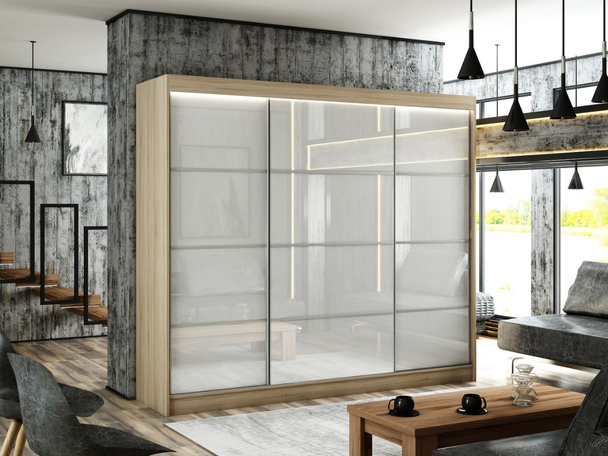 Armoire à portes coulissantes avec éclairage LED Ponti Chêne Sonoma, Blanc