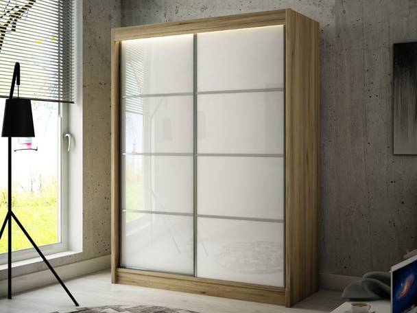 Armoire à portes coulissantes avec éclairage LED Ponti Chêne Craft Doré, Blanc