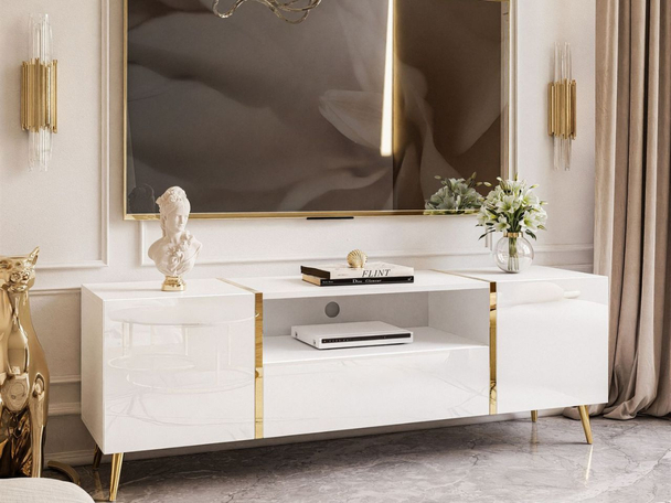 Meuble TV Rangement avec Portes et Tiroir Lunelie  Brillant blanc