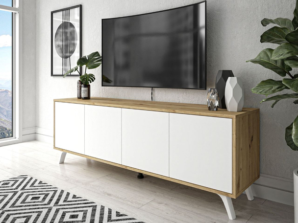 Meuble TV avec portes Vivance Blanc, Chêne Artisan