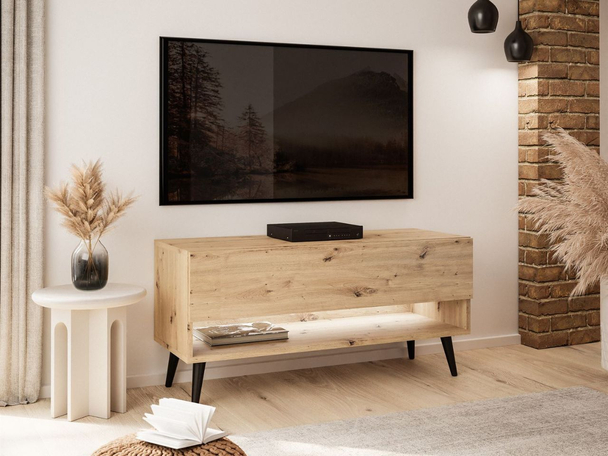 Meuble TV de 90 cm pour le salon avec éclairage LED et pieds noirs Aurelie Chêne Artisan