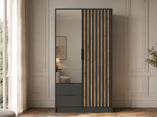 Armoire Portes Battantes Macron Graphite avec miroir et lamelles