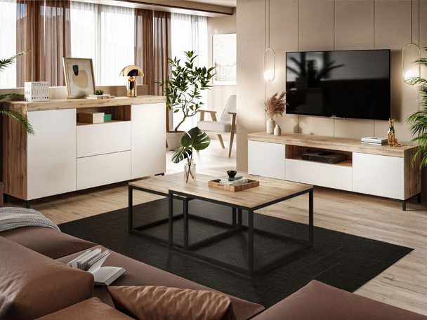 Ensemble de meubles de salon Asumi Blanc mat, Chêne Wotan