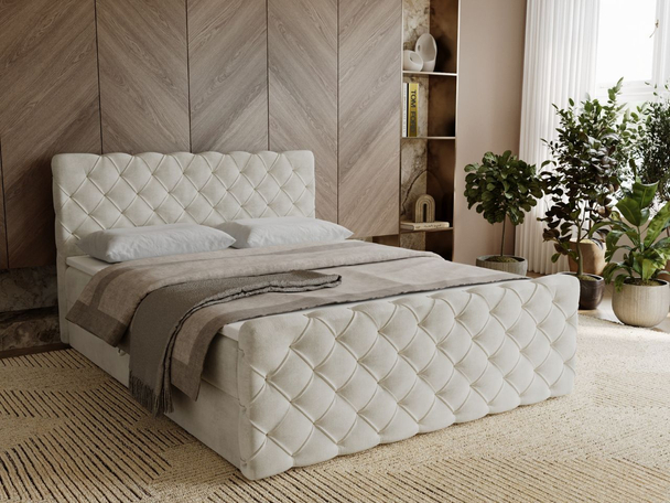 Lit Boxspring avec Coffre de Rangement 120x200 Lunaris Crème