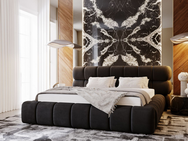 Lit Coffre rembourré avec sommier relevable 140x200 Mellow Noir