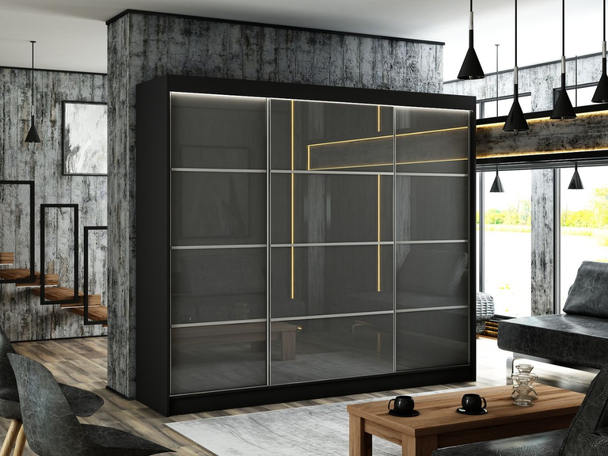 Armoire à portes coulissantes avec éclairage LED Ponti Gris, Noir