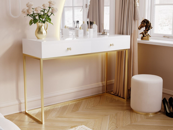 Coiffeuse à tiroirs sur un cadre doré Belleza Brillant blanc