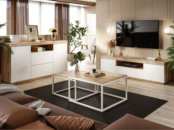 Ensemble de meubles de salon Asumi Blanc mat, Chêne Wotan