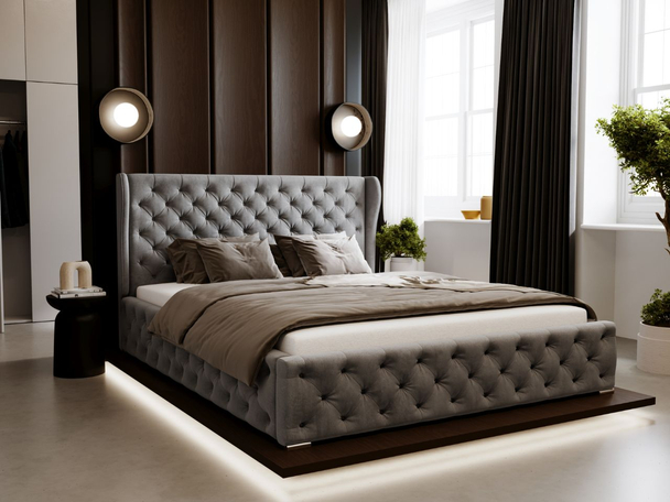 Lit Coffre rembourré avec sommier relevable 140x200 Kingston Gris
