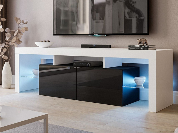 Meuble TV Rangement suspendu avec portes et surmeuble Nodoo Blanc, Noir