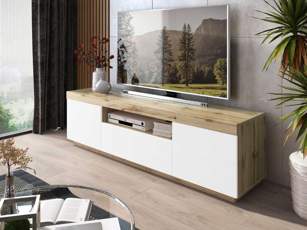 Meuble TV avec portes et tiroir Asumi Blanc, Chêne Wotan