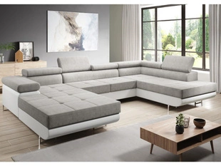 Canapé Droite Panoramique Convertible avec Coffre Solam U Blanc, Gris clair