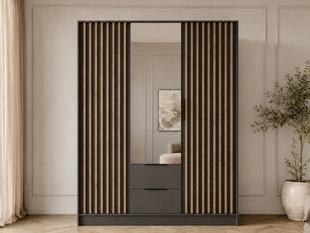 Armoire Portes Battantes Macron Graphite avec miroir et lamelles