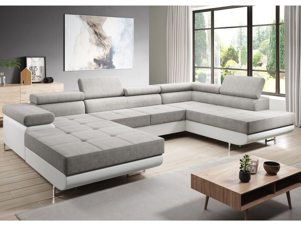 Canapé Droite Panoramique Convertible avec Coffre Solam U Blanc, Gris clair
