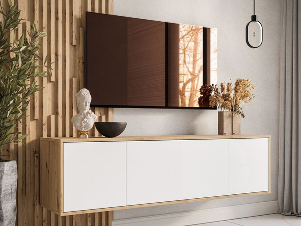 Meuble TV suspendu sous le téléviseur Vivance Blanc, Chêne Artisan