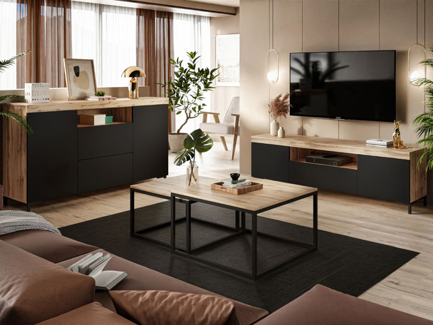 Ensemble de meubles de salon Asumi Noir mat, Chêne Wotan